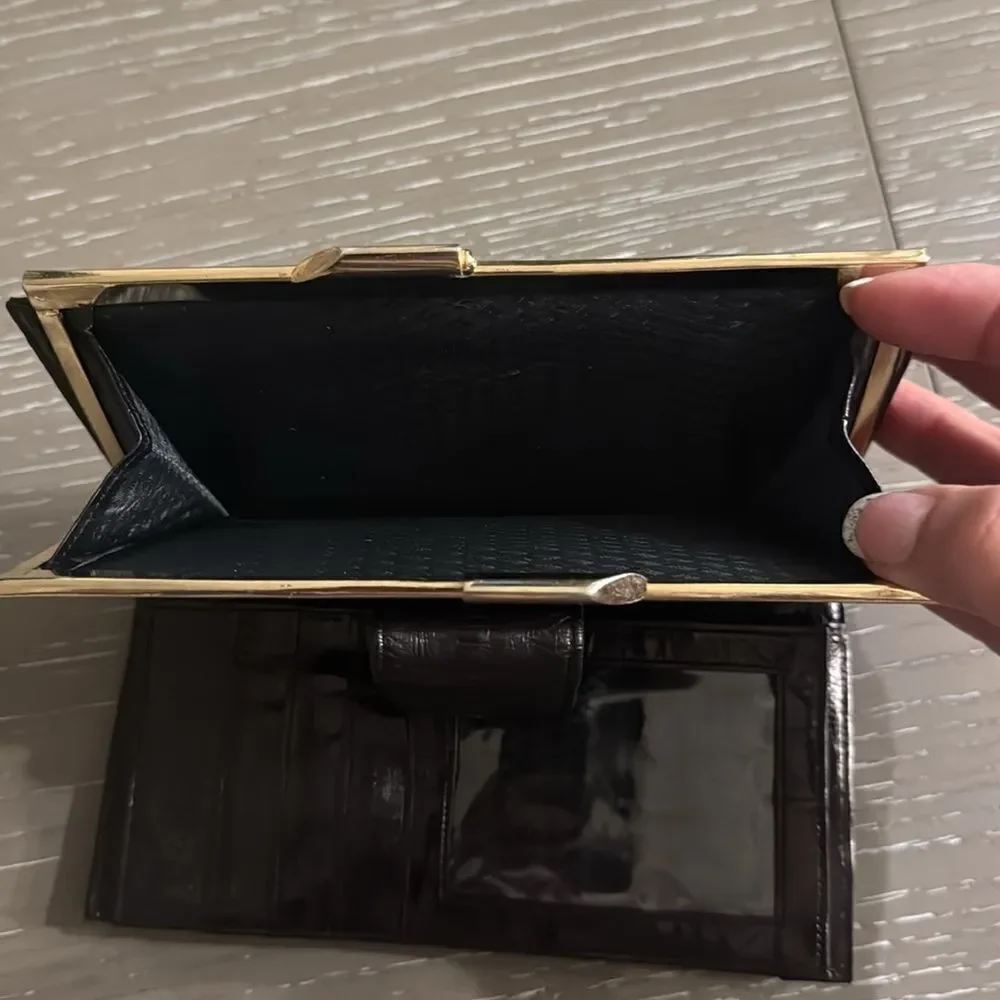VINTAGE 1980s Brown Gold-Tone Structured EEL Skin Multi Compartment Snap Wallet